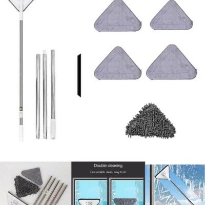 Üçgen Camsil Duvar Yüzey Cam Silme Aparatı Mikrofiber Mop 5 Moplu 3 Sopalı